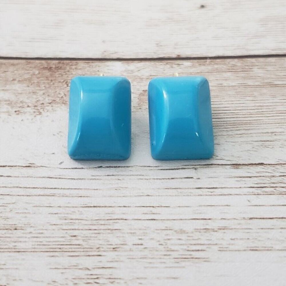 Vintage Clip On Earrings - Bright Blue Rectangular Shape